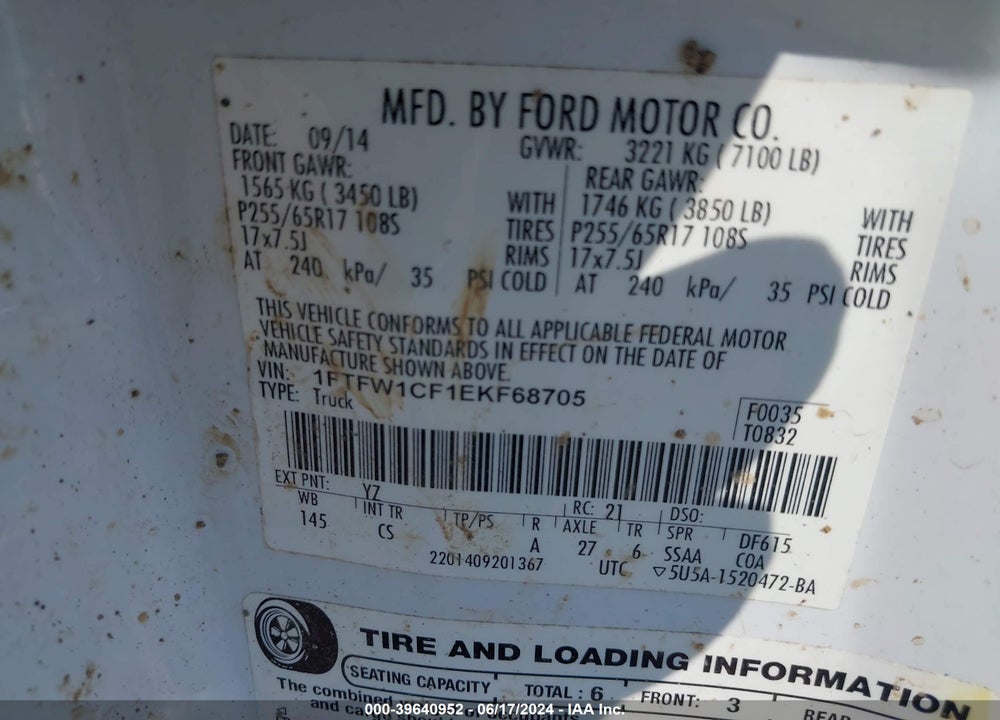 2014 FORD F-150 XL VIN: 1FTFW1CF1EKF68705