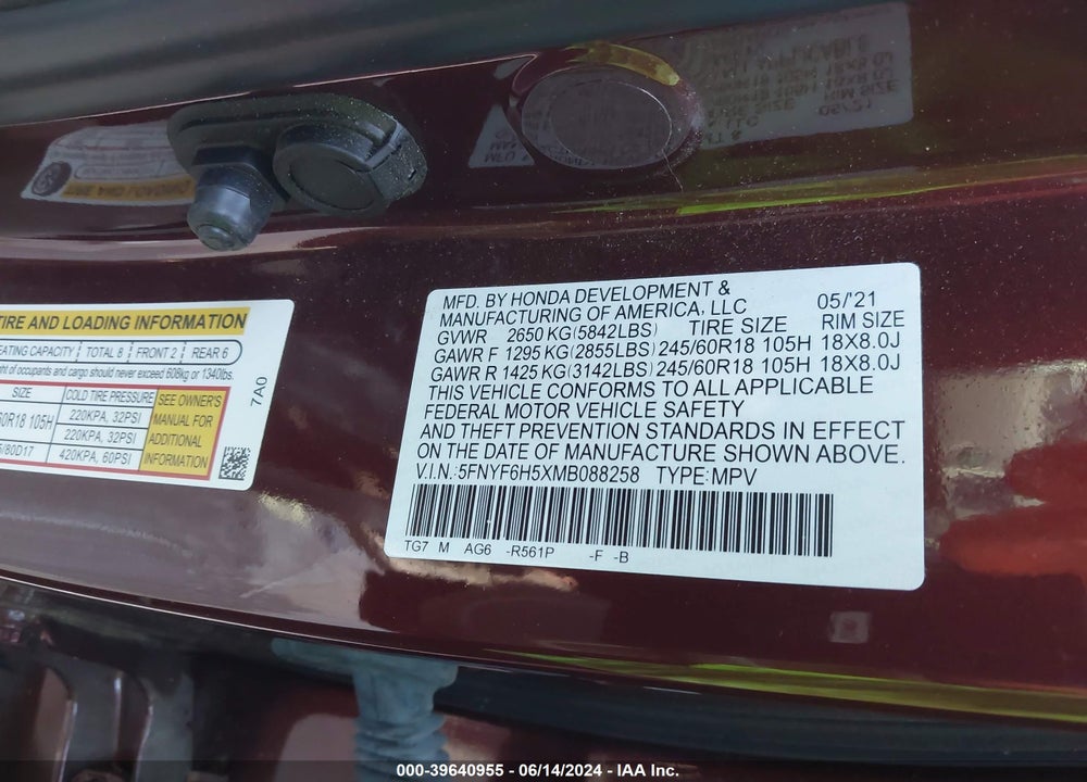 2021 HONDA PILOT AWD EX-L VIN: 5FNYF6H5XMB088258