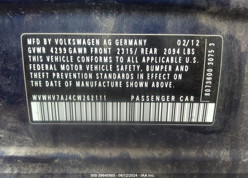 2012 VOLKSWAGEN GTI 4-DOOR VIN: WVWHV7AJ4CW262111