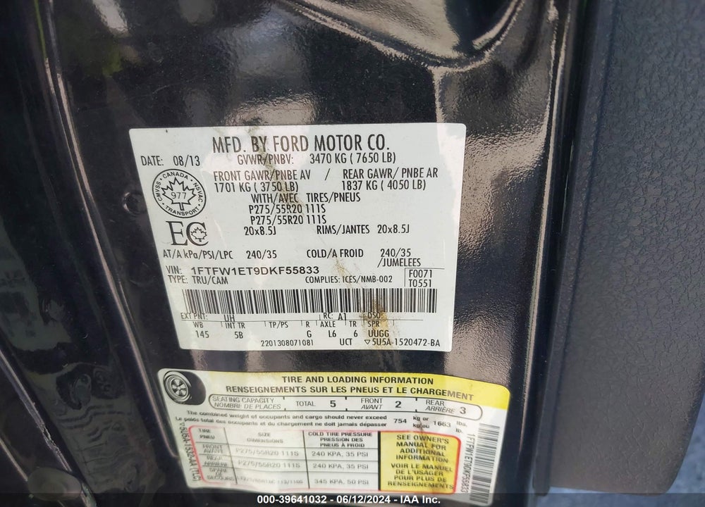 2013 FORD F-150 FX4 VIN: 1FTFW1ET9DKF55833
