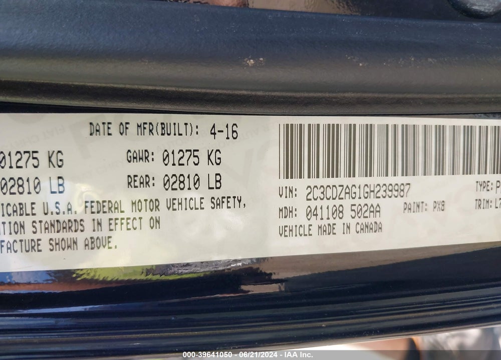 2016 DODGE CHALLENGER SXT VIN: 2C3CDZAG1GH239987