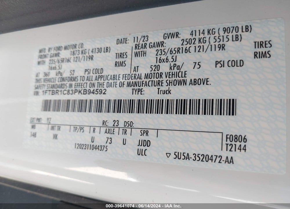 2023 FORD TRANSIT-250 VIN: 1FTBR1C83PKB94592