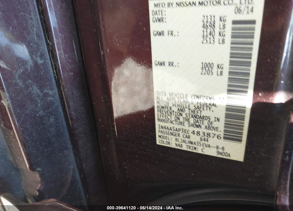 2014 NISSAN MAXIMA 3.5 SV VIN: 1N4AA5AP3EC483876