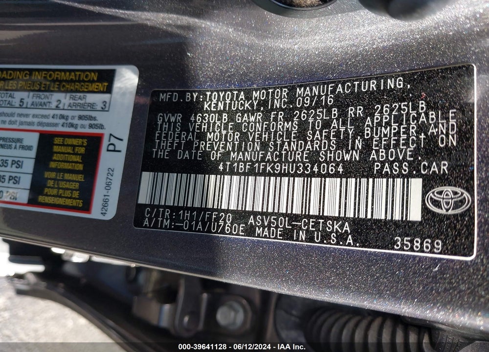 2017 TOYOTA CAMRY SE VIN: 4T1BF1FK9HU334064