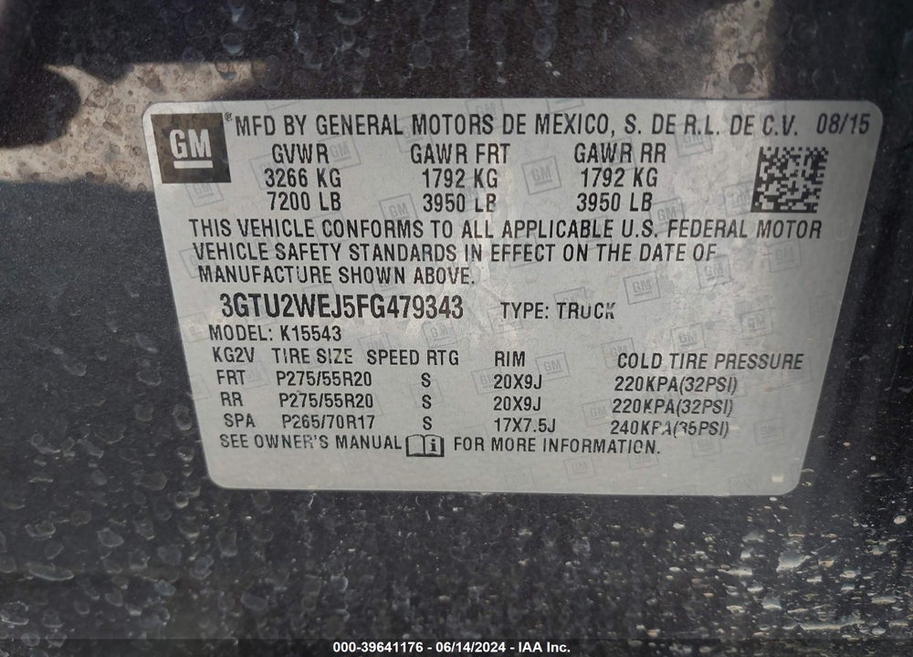 2015 GMC SIERRA 1500 VIN: 3GTU2WEJ5FG479343