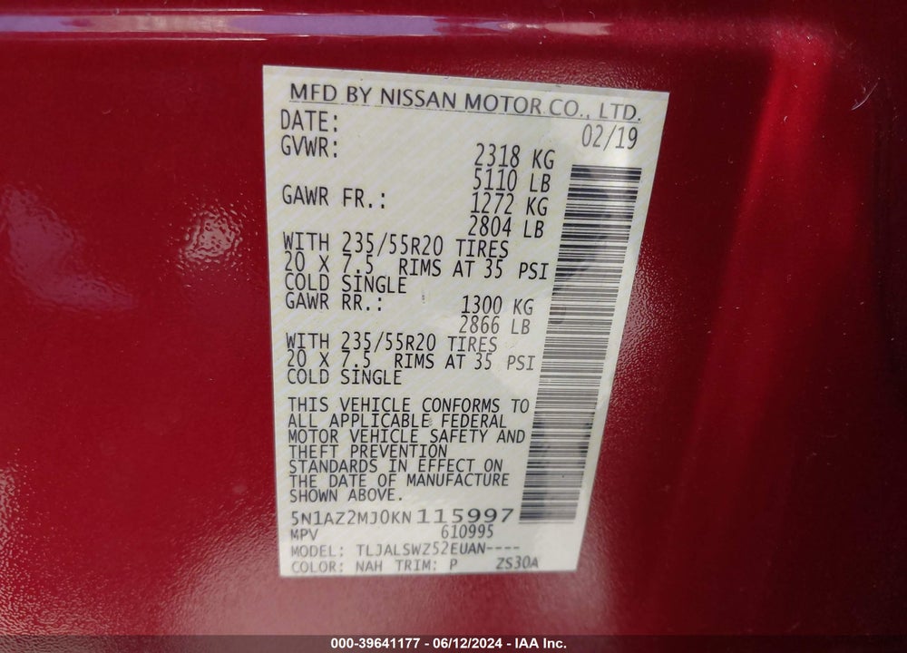 2019 NISSAN MURANO PLATINUM VIN: 5N1AZ2MJ0KN115997