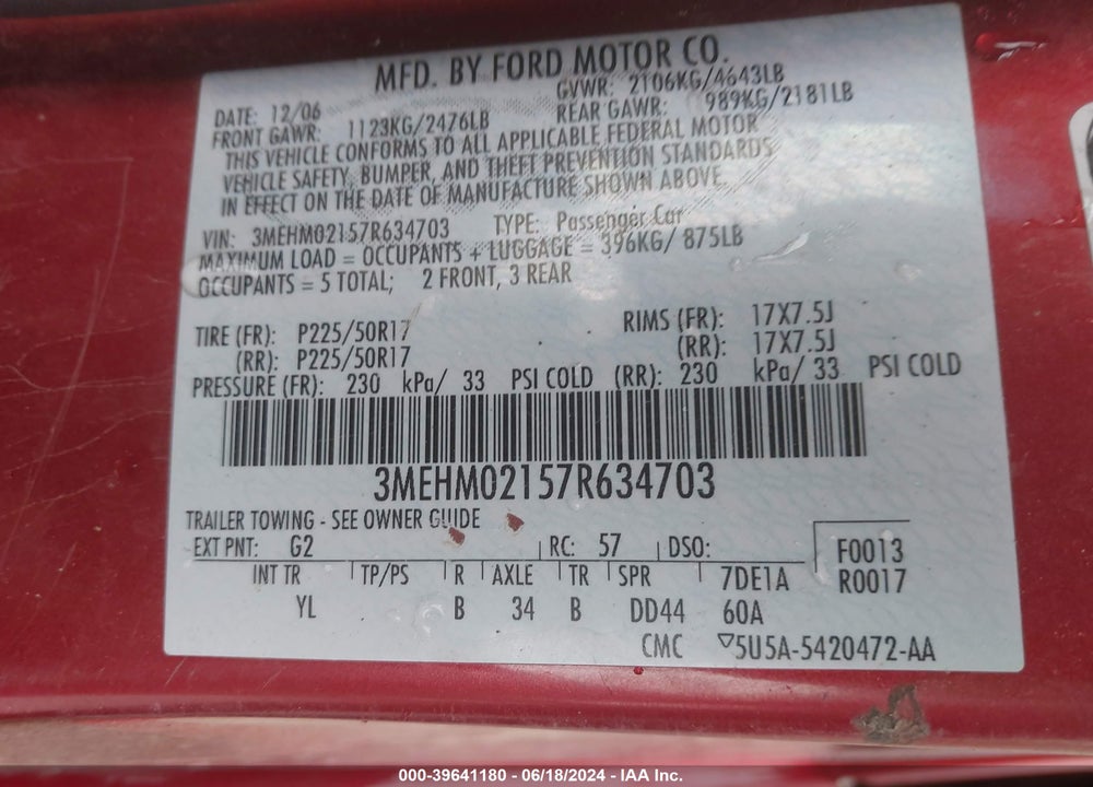 2007 MERCURY MILAN V6 PREMIER VIN: 3MEHM02157R634703