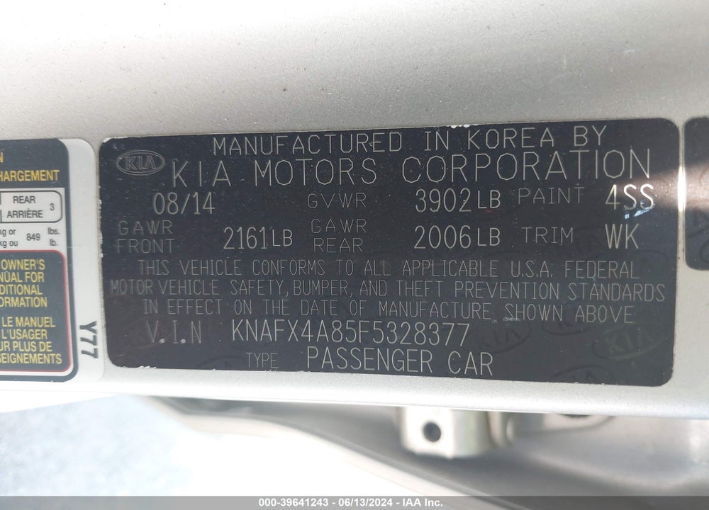 2015 KIA FORTE VIN: KNAFX4A85F5328377