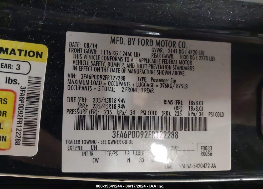 2015 FORD FUSION TITANIUM VIN: 3FA6P0D92FR122288
