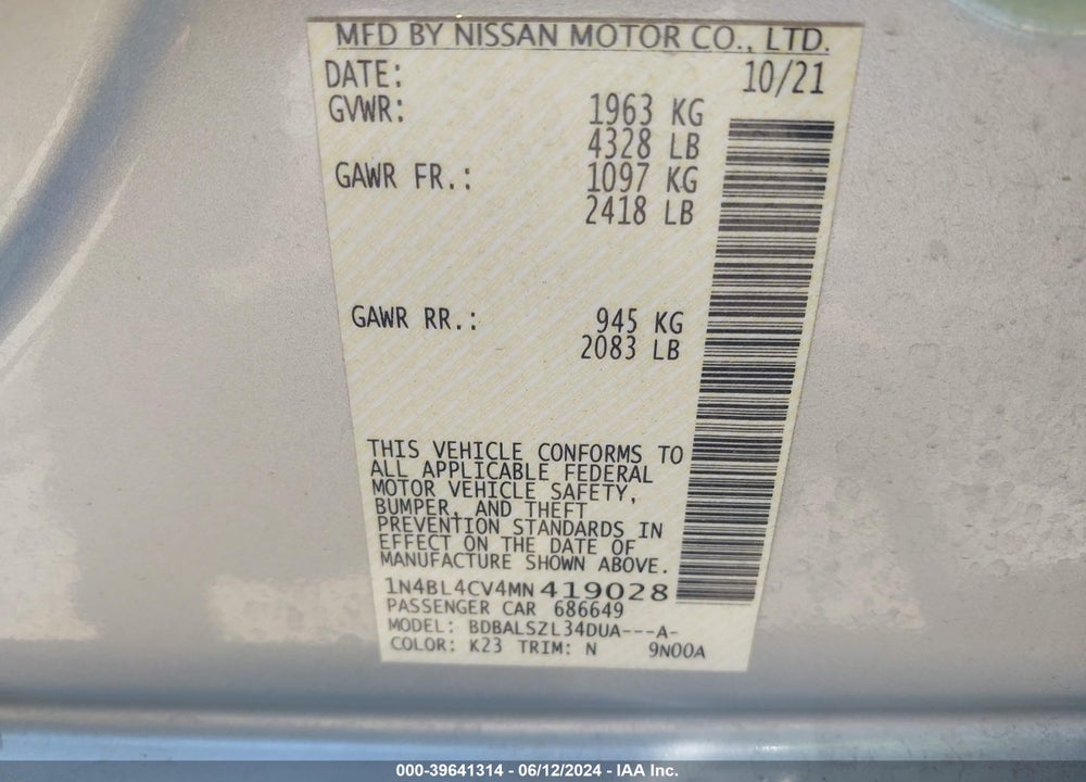 2021 NISSAN ALTIMA SR FWD VIN: 1N4BL4CV4MN419028