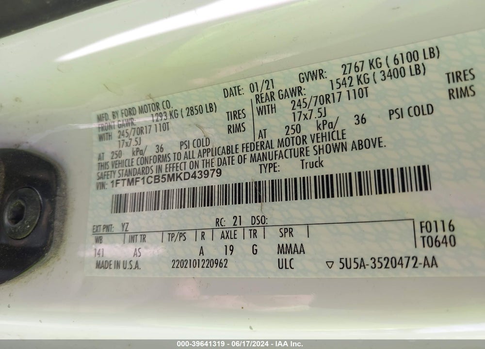2021 FORD F-150 XL VIN: 1FTMF1CB5MKD43979