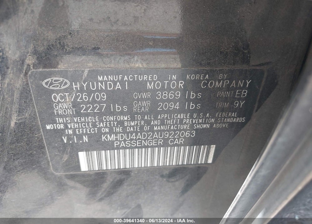 2010 HYUNDAI ELANTRA GLS VIN: KMHDU4AD2AU922063