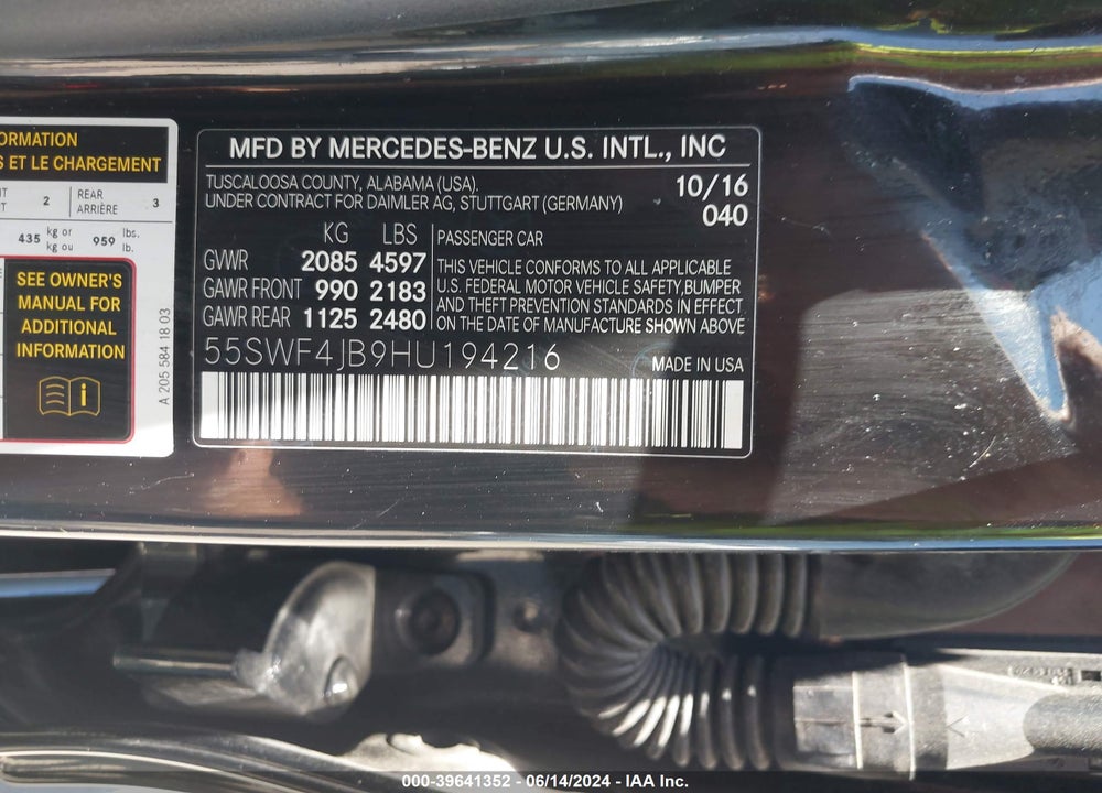 2017 MERCEDES-BENZ C 300 VIN: 55SWF4JB9HU194216