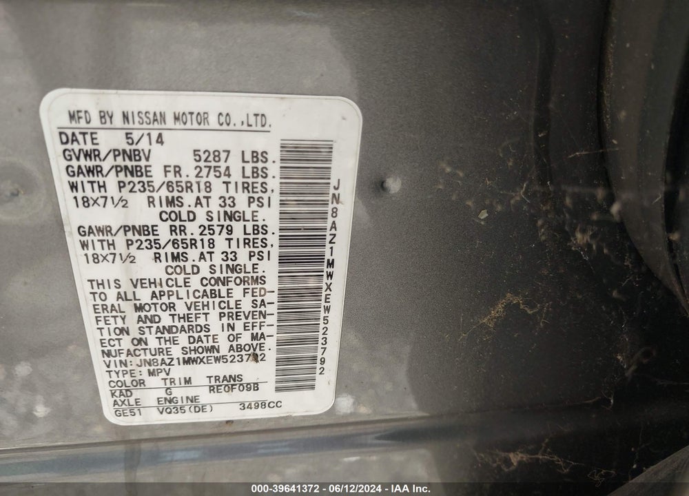 2014 NISSAN MURANO SL VIN: JN8AZ1MWXEW523792