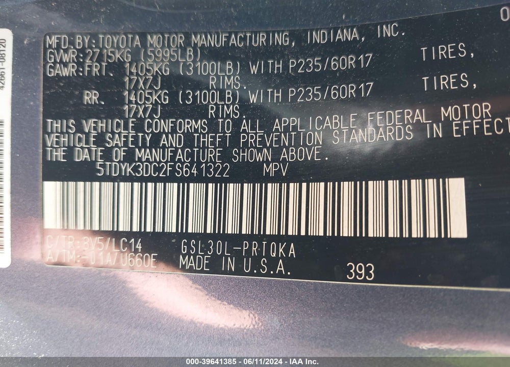2015 TOYOTA SIENNA XLE 8 PASSENGER VIN: 5TDYK3DC2FS641322