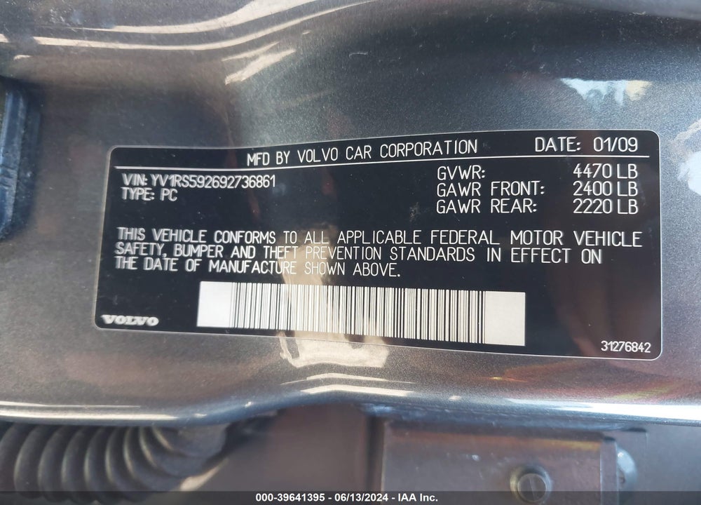 2009 VOLVO S60 2.5T/2.5T SPECIAL EDITION VIN: YV1RS592692736861