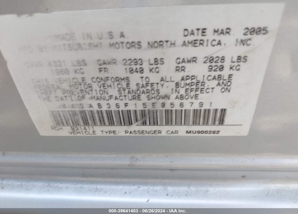 2005 MITSUBISHI GALANT ES/SE VIN: 4A3AB36F15E056791