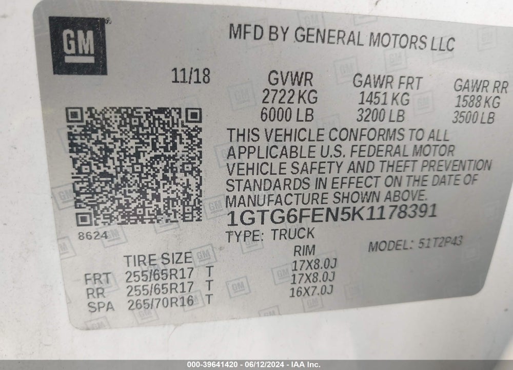 2019 GMC CANYON ALL TERRAIN W/LEATHER VIN: 1GTG6FEN5K1178391