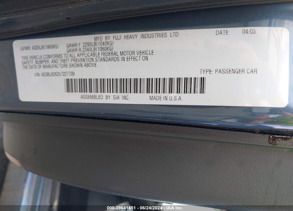 2005 SUBARU LEGACY 2.5I LIMITED VIN: 4S3BL626257227709