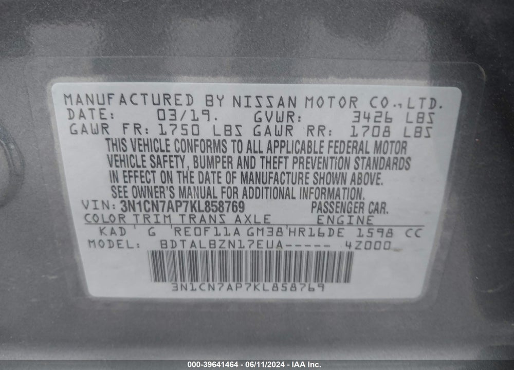 2019 NISSAN VERSA 1.6 SV VIN: 3N1CN7AP7KL858769