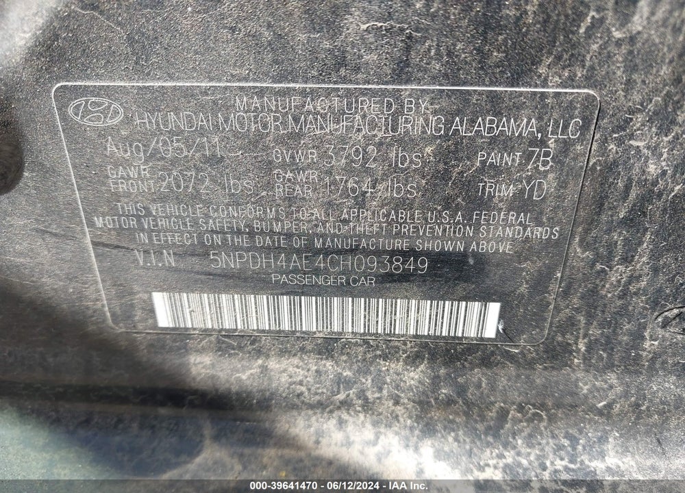 2012 HYUNDAI ELANTRA VIN: 5NPDH4AE4CH093849