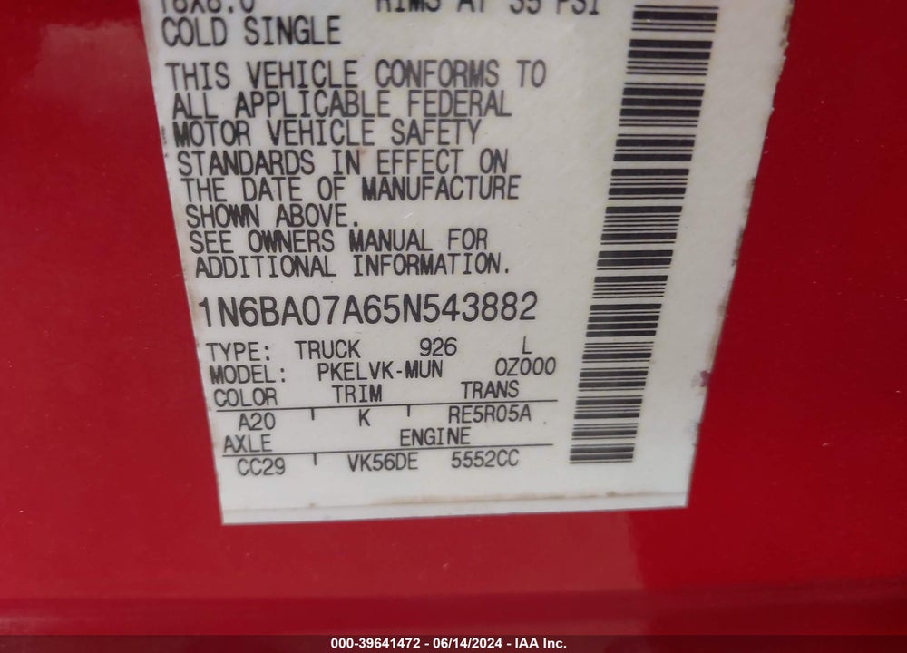 2005 NISSAN TITAN VIN: 1N6BA07A65N543882