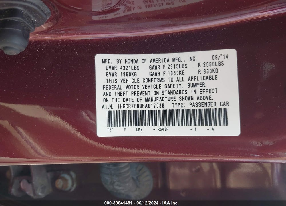 2015 HONDA ACCORD EX-L VIN: 1HGCR2F89FA017038