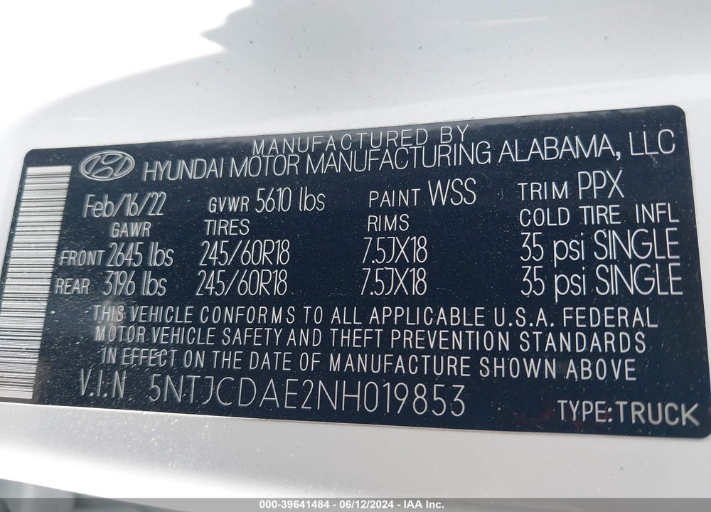2022 HYUNDAI SANTA CRUZ SEL VIN: 5NTJCDAE2NH019853