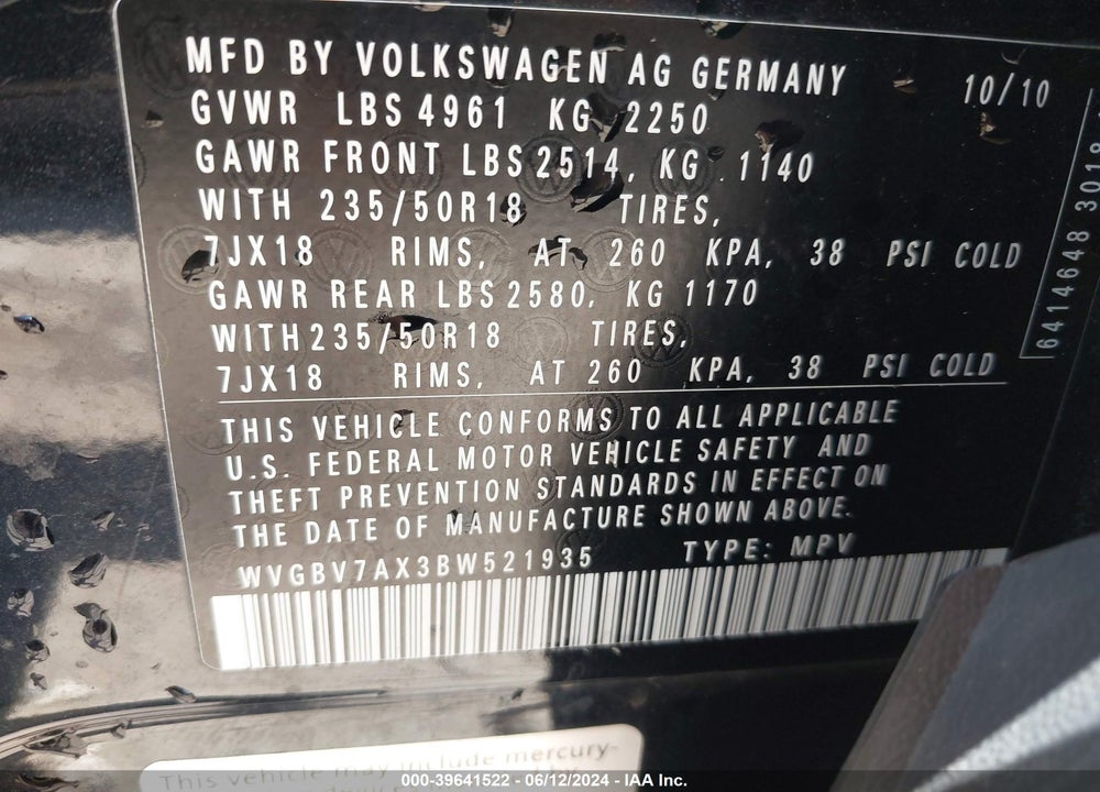 2011 VOLKSWAGEN TIGUAN SE VIN: WVGBV7AX3BW521935