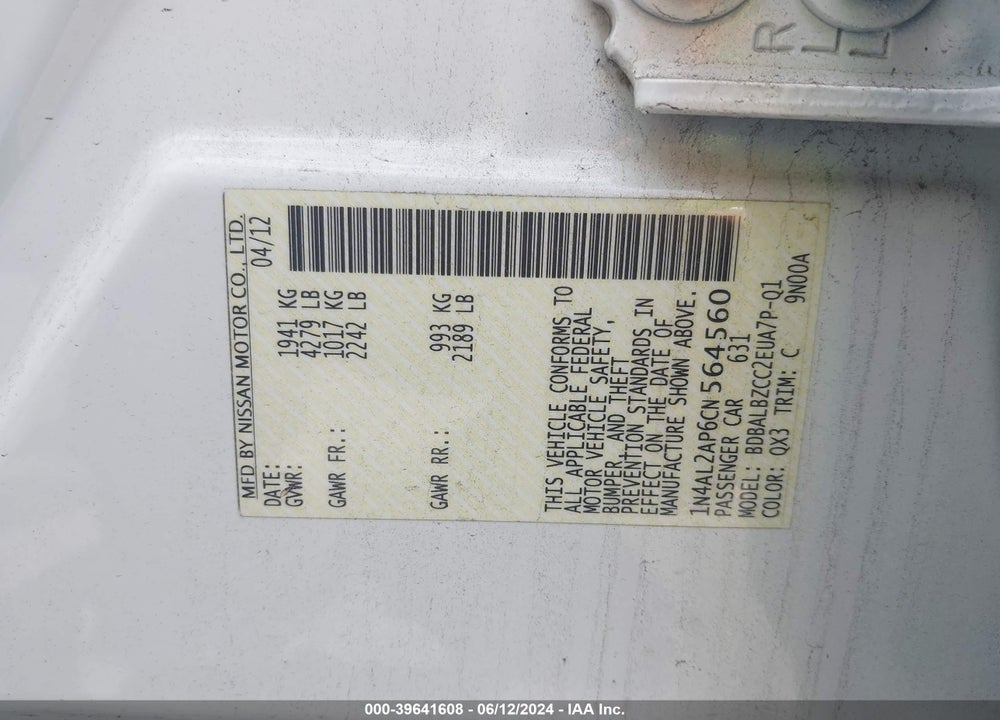 2012 NISSAN ALTIMA 2.5 S VIN: 1N4AL2AP6CN564560