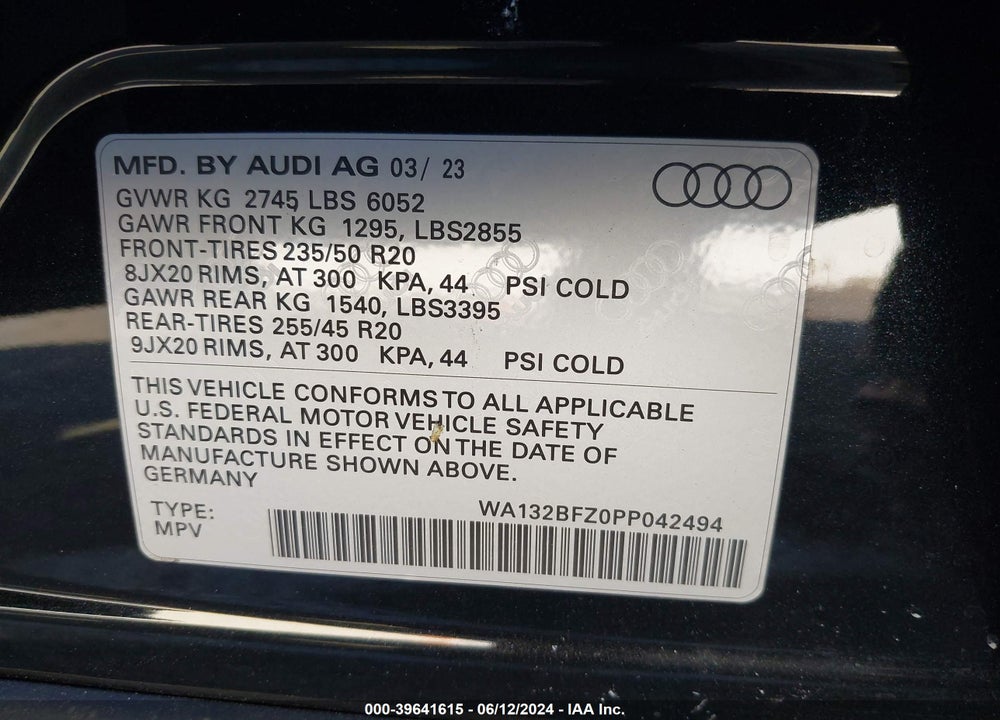 2023 AUDI Q4 SPORTBACK E-TRON PREMIUM PLUS 50 QUATTRO VIN: WA132BFZ0PP042494