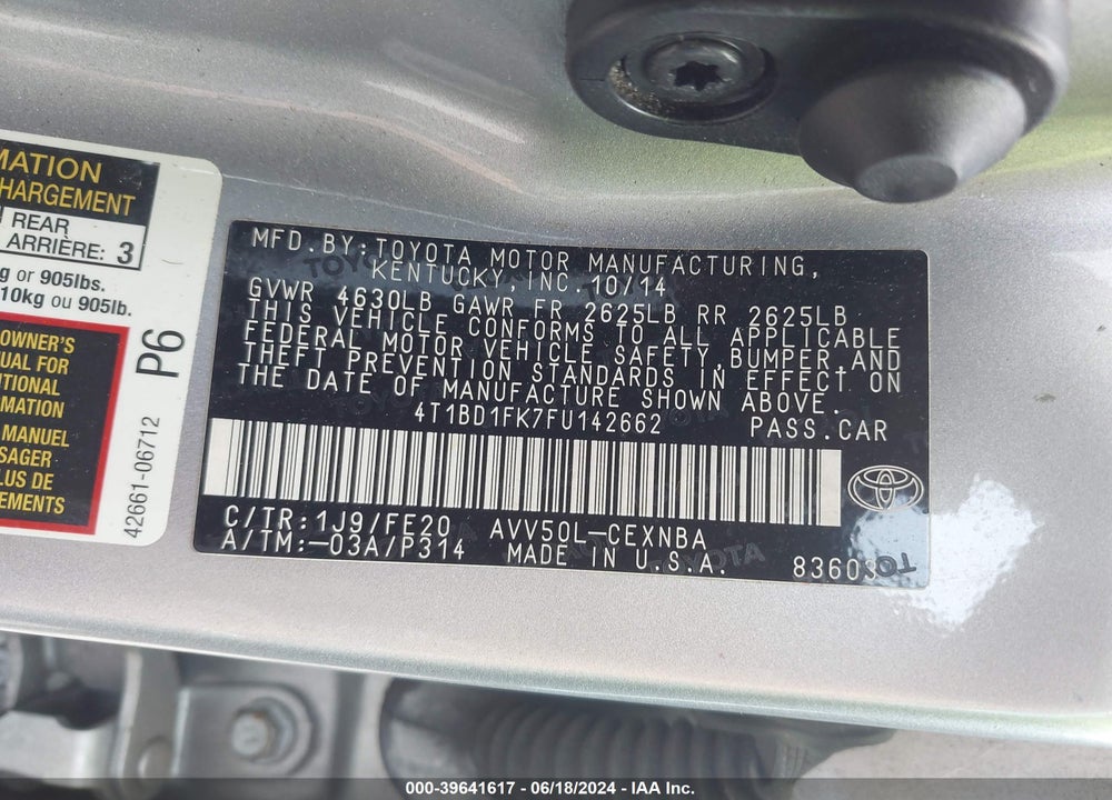 2015 TOYOTA CAMRY HYBRID LE VIN: 4T1BD1FK7FU142662