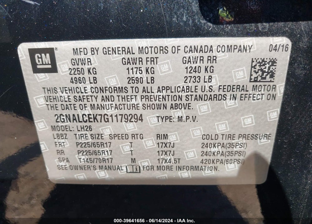 2016 CHEVROLET EQUINOX LT VIN: 2GNALCEK7G1179294