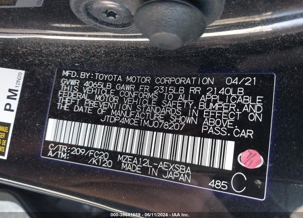 2021 TOYOTA COROLLA SE VIN: JTDP4MCE1MJ078207