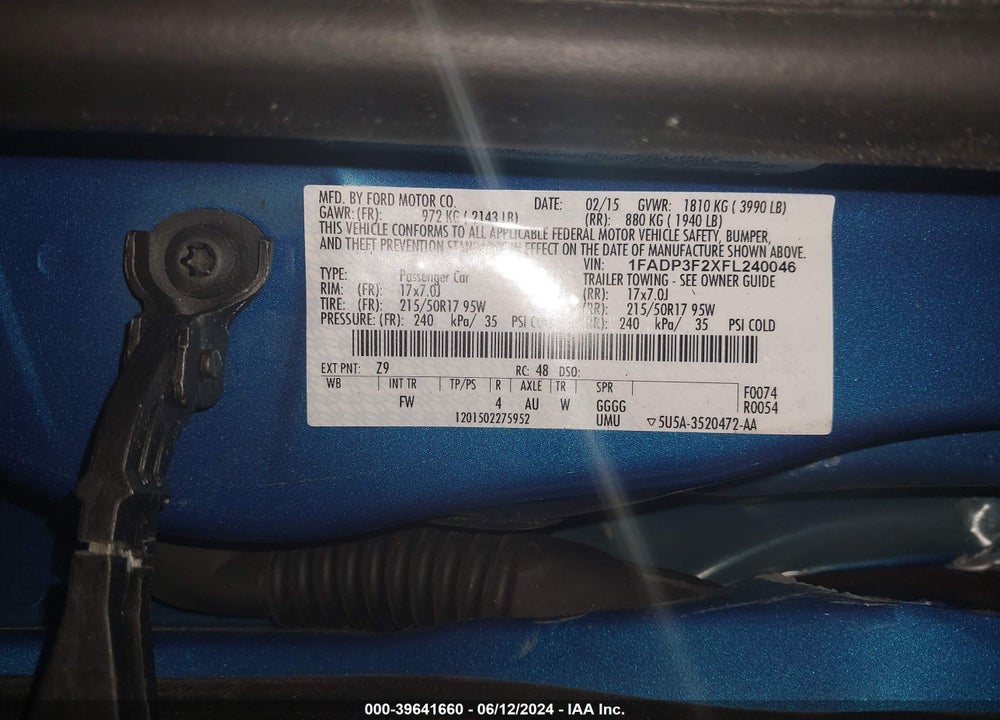 2015 FORD FOCUS SE VIN: 1FADP3F2XFL240046