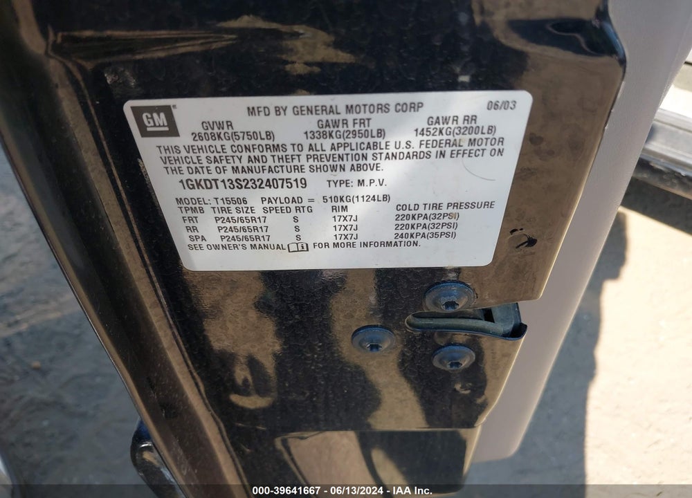 2003 GMC ENVOY SLE VIN: 1GKDT13S232407519