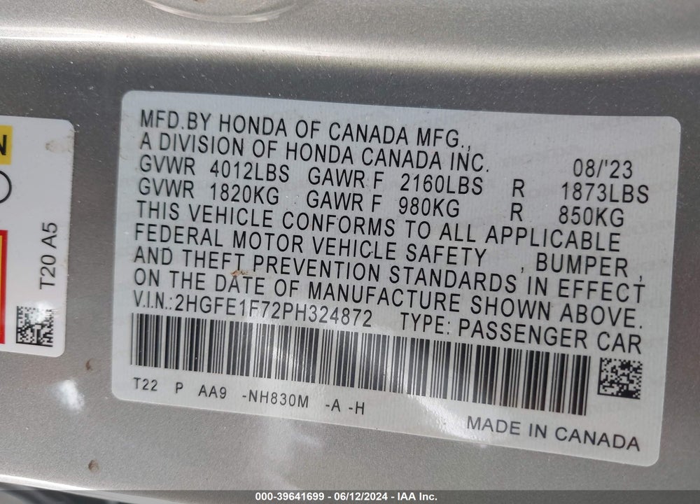 2023 HONDA CIVIC EX /EX W/O BSI VIN: 2HGFE1F72PH324872