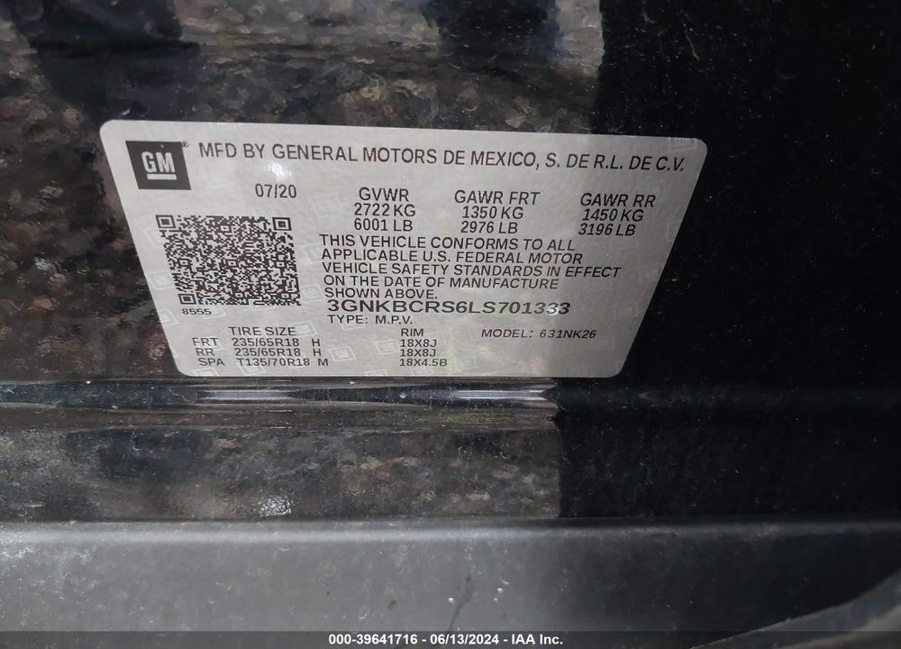 2020 CHEVROLET BLAZER FWD 2LT VIN: 3GNKBCRS6LS701333