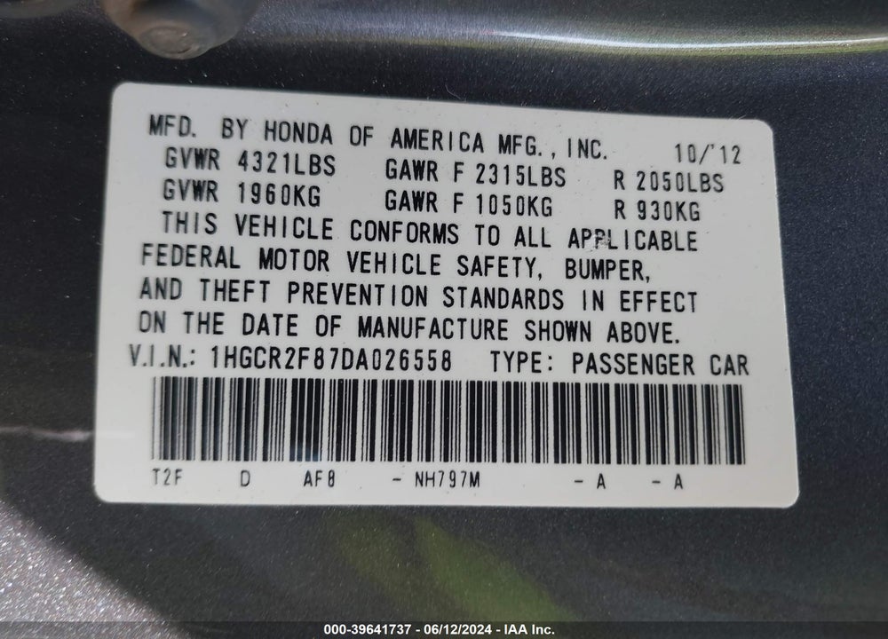 2013 HONDA ACCORD EX-L VIN: 1HGCR2F87DA026558