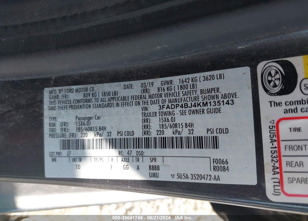 2019 FORD FIESTA SE VIN: 3FADP4BJ4KM135143