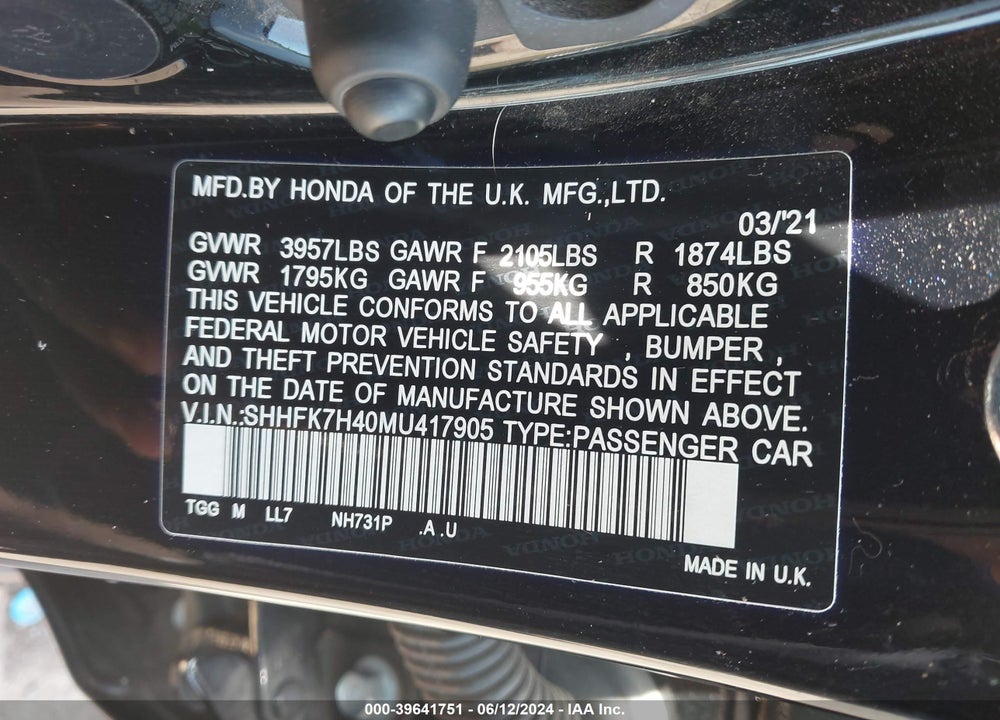 2021 HONDA CIVIC SPORT VIN: SHHFK7H40MU417905