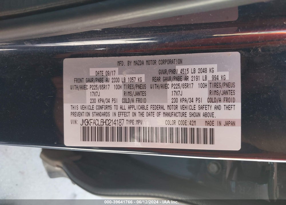 2017 MAZDA CX-5 TOURING VIN: JM3KFACL6H0214187
