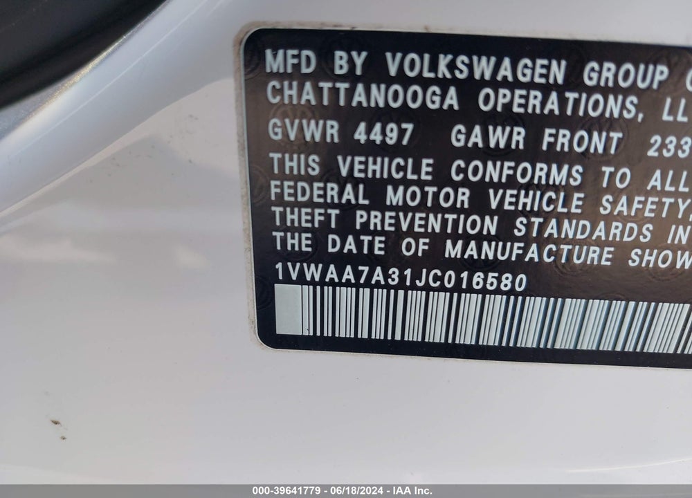 2018 VOLKSWAGEN PASSAT 2.0T R-LINE/2.0T S VIN: 1VWAA7A31JC016580