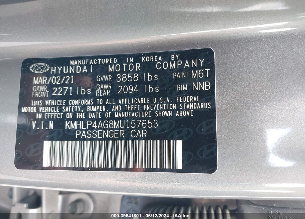 2021 HYUNDAI ELANTRA LIMITED VIN: KMHLP4AG8MU157653