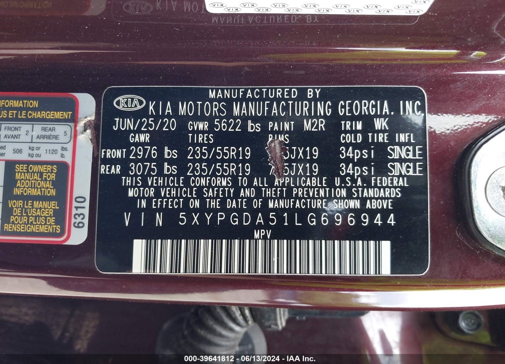 2020 KIA SORENTO 3.3L S VIN: 5XYPGDA51LG696944