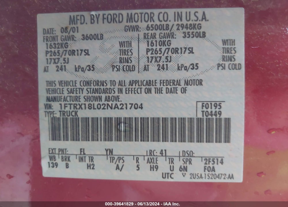 2002 FORD F-150 LARIAT/XL/XLT VIN: 1FTRX18L02NA21704