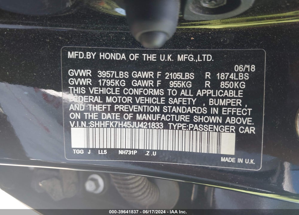 2018 HONDA CIVIC SPORT VIN: SHHFK7H45JU421833