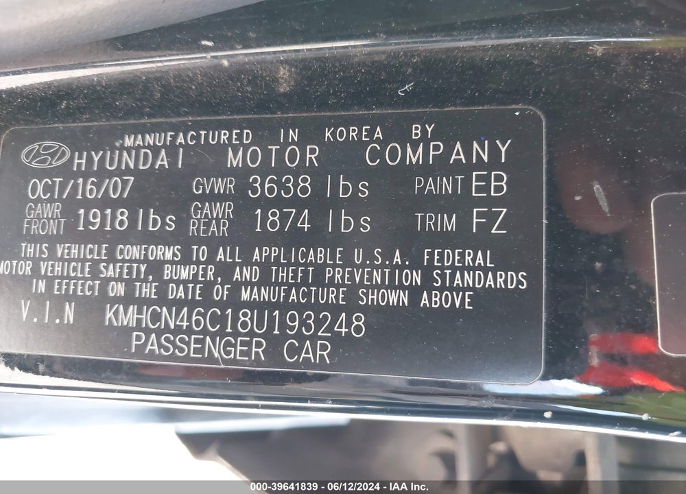 2008 HYUNDAI ACCENT GLS VIN: KMHCN46C18U193248