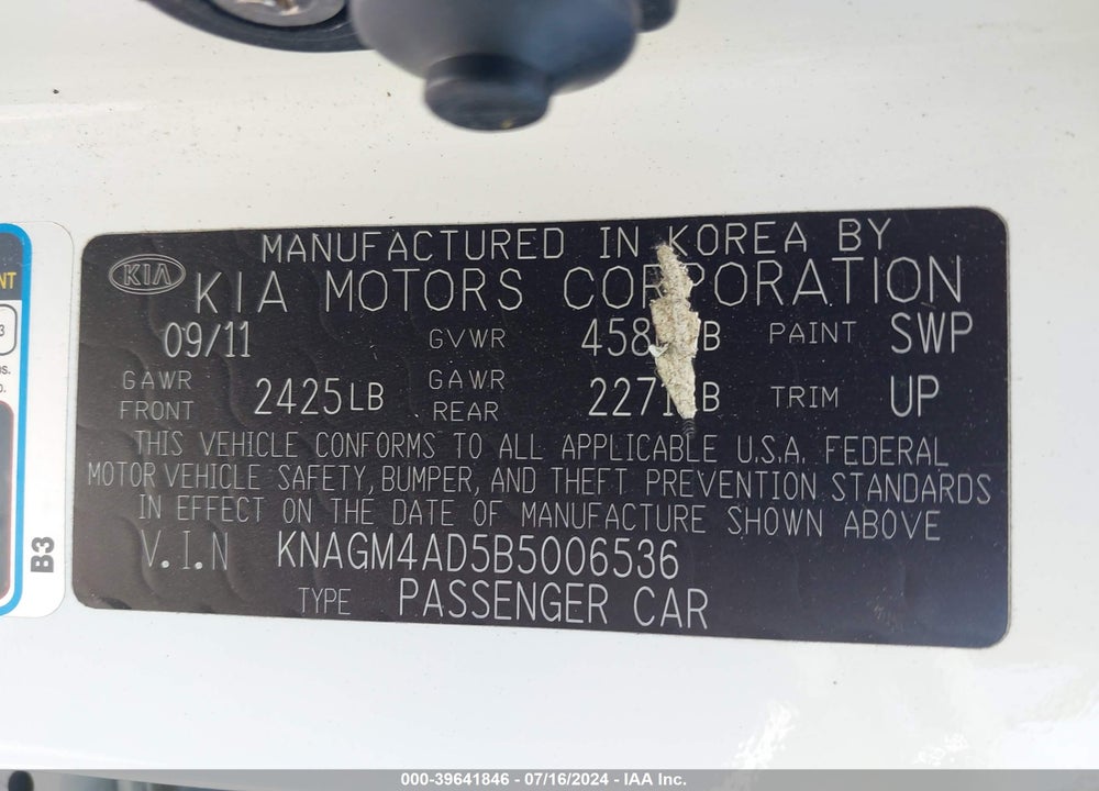 2011 KIA OPTIMA HYBRID EX VIN: KNAGM4AD5B5006536