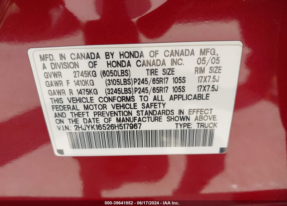 2006 HONDA RIDGELINE RTL VIN: 2HJYK16526H517967